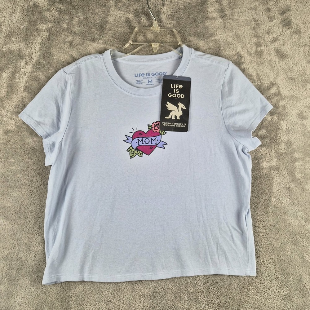 Life Is Good Crusher Lite Top Womens Medium Blue Mom Heart Graphic Tee NWT